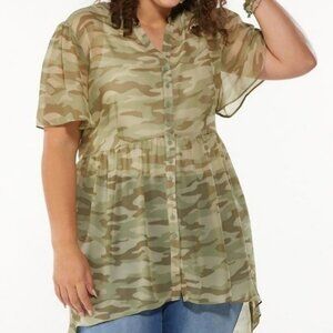 Cato Plus Green Camo Camouflage Flutter Sleeve Sheer High Low Tunic Top 18 20